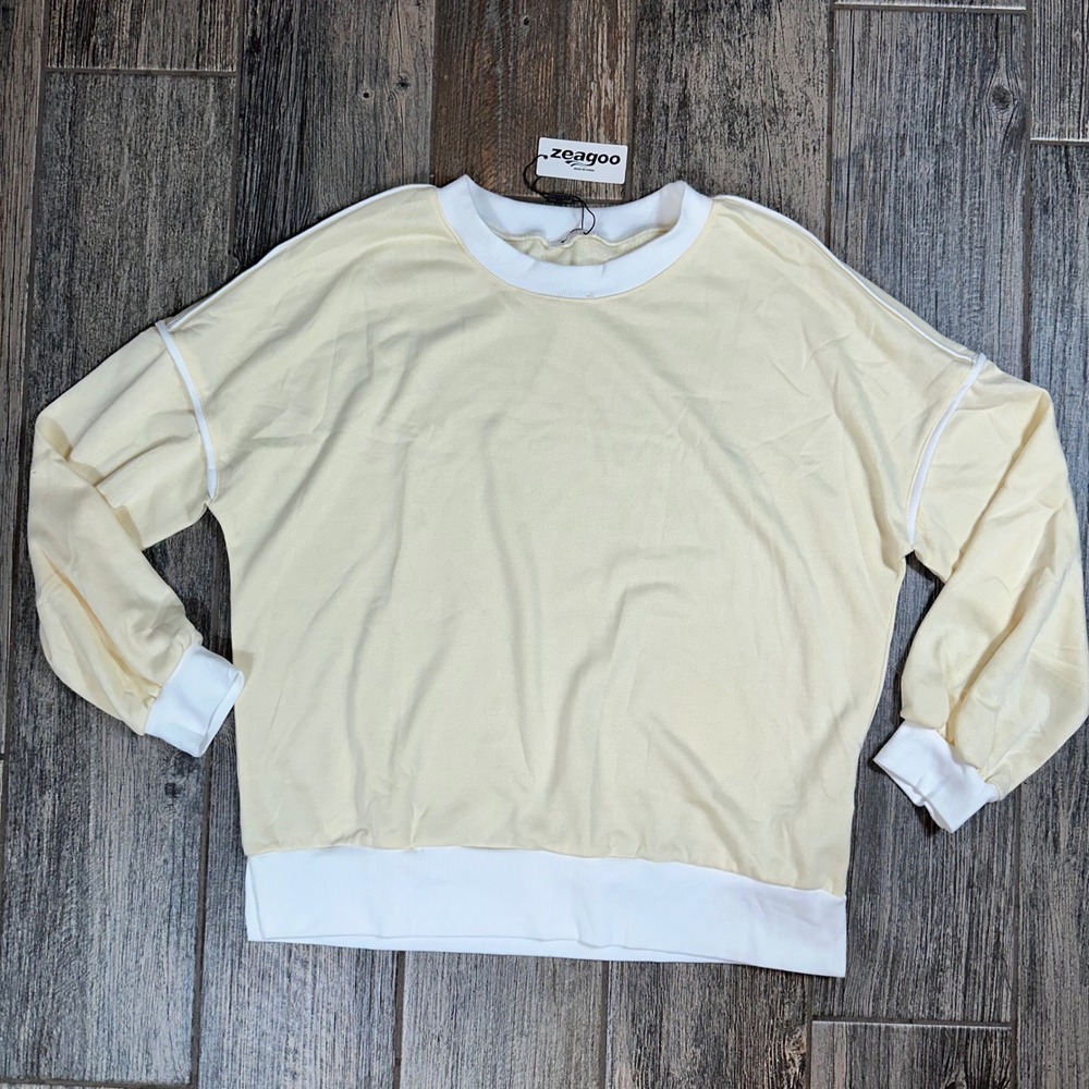 Zeagoo‎ Womens Cream Color Block Long Sleeve Pullover Sweatshirt, Size L